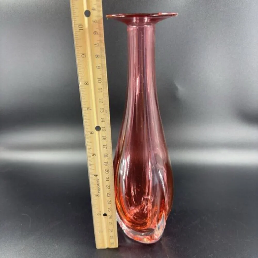 1990s Hand Blown Glass Vase‎ Artist Signed Cranberry Faceted Glass Vase Vintage